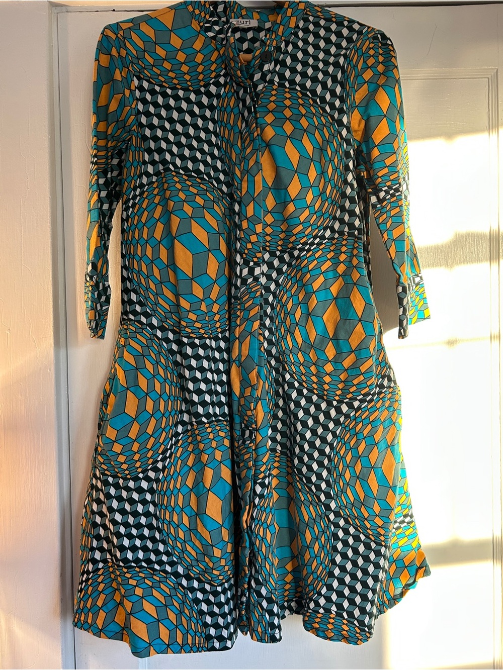 Geometric Teal, White, Yellow, and Black Midi Zuri from Kenya